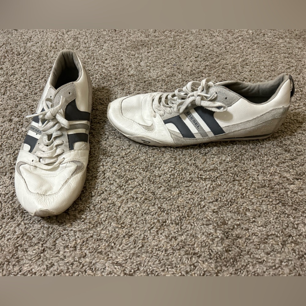 Diesel Men's Long Term Gunner Sneakers Leather White Blue Size 13 Lace Up Y2K
